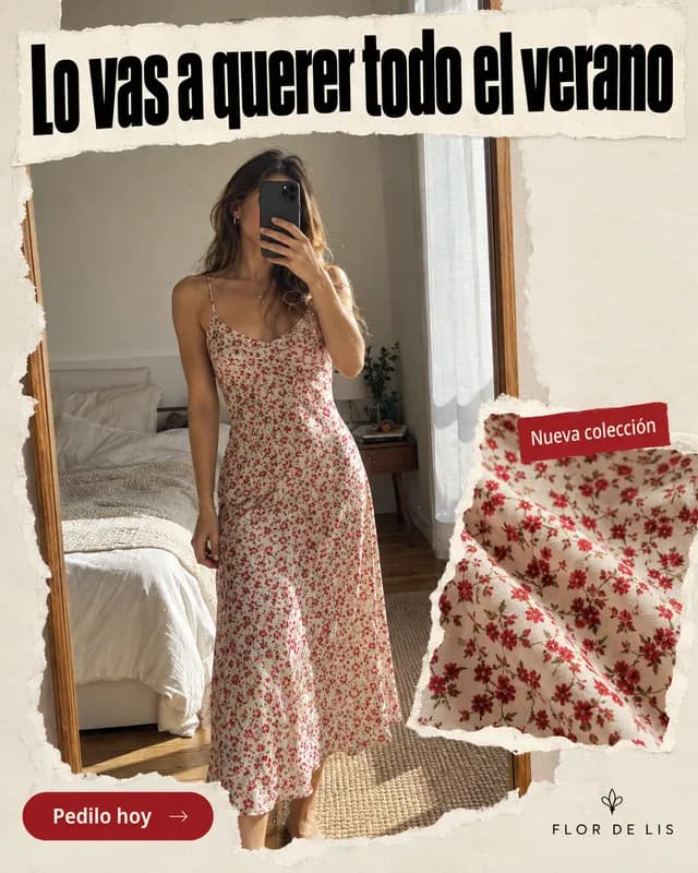 Anuncio del vestido Flor de lis con texto sobre la foto