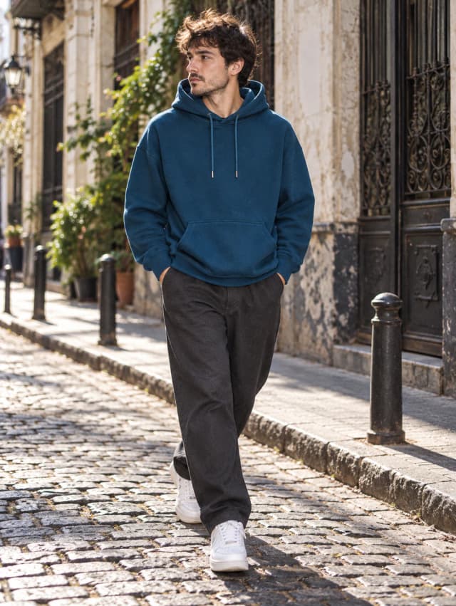 Modelo con el buzo color petróleo caminando por la calle