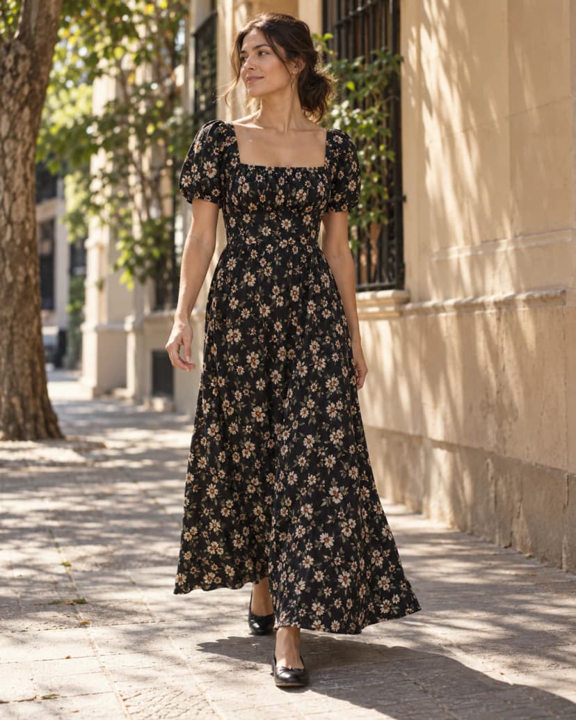 Mujer con vestido largo floreado caminando por la vereda